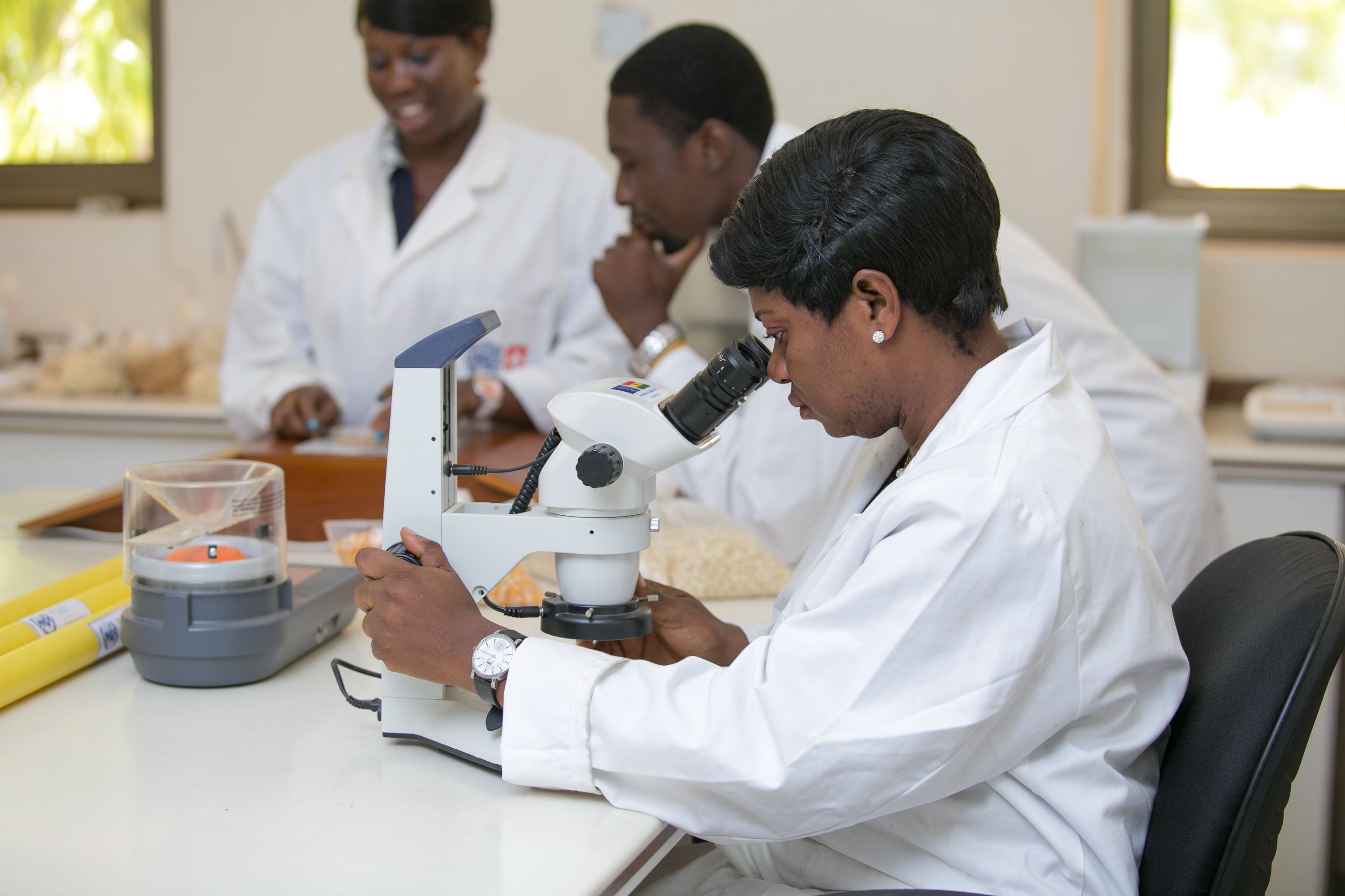 A scientist in a white lab coat examines a sample under a microscope, while two colleagues work in the background in a laboratory setting.